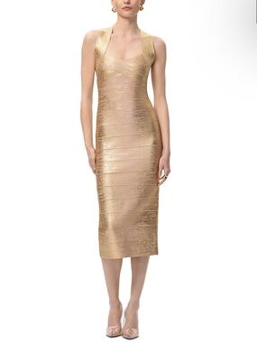 Herve Leger Metallic Gold Bandage Midi Sandra Dress